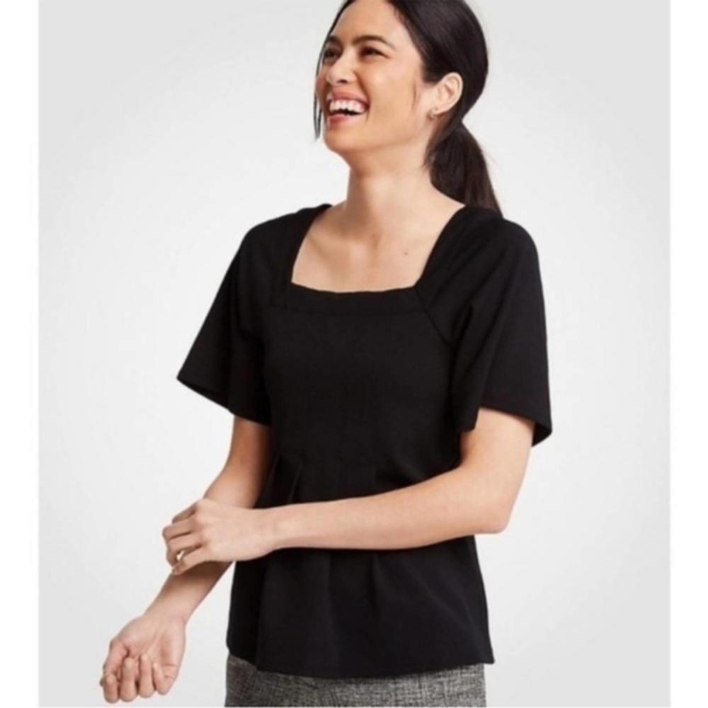 Ann Taylor Pleated Square‎ Neck Top Black Size Small Business Casual Career